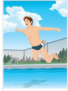 a happy baby boy jumping swimming pool art