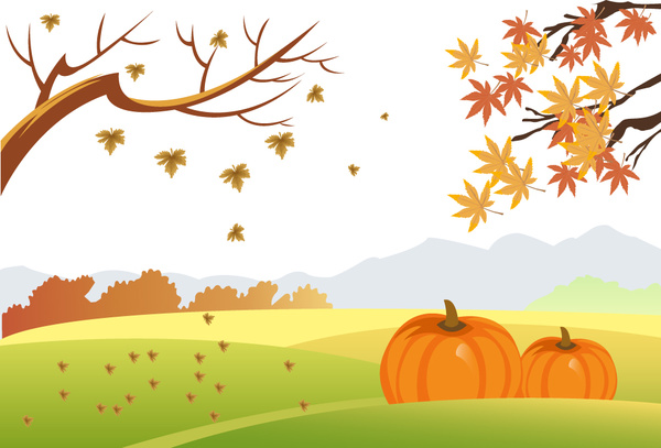 Autumn drawing design with falling leaves and pumpkins Free vector in