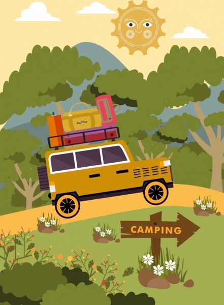 camping background car luggage icons stylized cartoon 