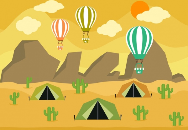 camping background tent balloon icons mountain desert 