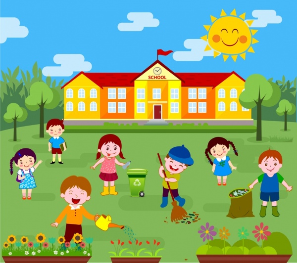 Childhood background kids cleaning outdoor colored cartoon Free vector