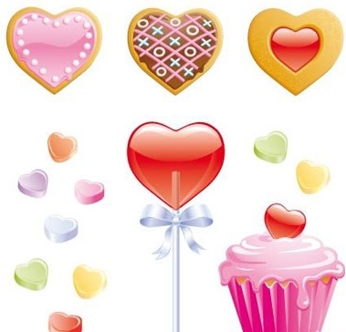 Cookies, candy hearts, lollipop and valentine cupcake