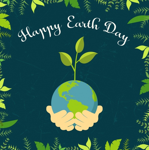 Earth day banner hand globe green leaves icons Free vector 