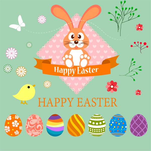 Easter card design illustration with bunny and eggs Free vector in