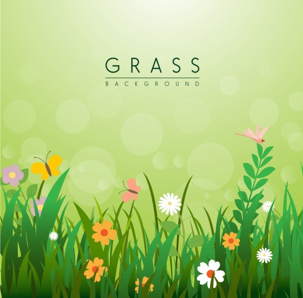 flowers grass background template colorful cartoon 