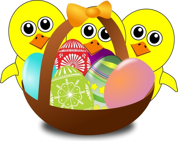 cartoon easter eggs in a basket. Cartoon with Easter eggs