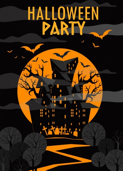halloween party banner yellow moonlight scary castle 