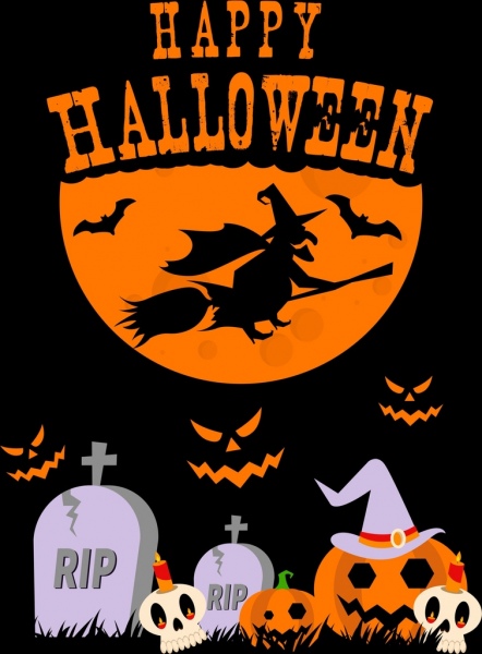 halloween poster skull tomb pumpkin moonlight wizard 