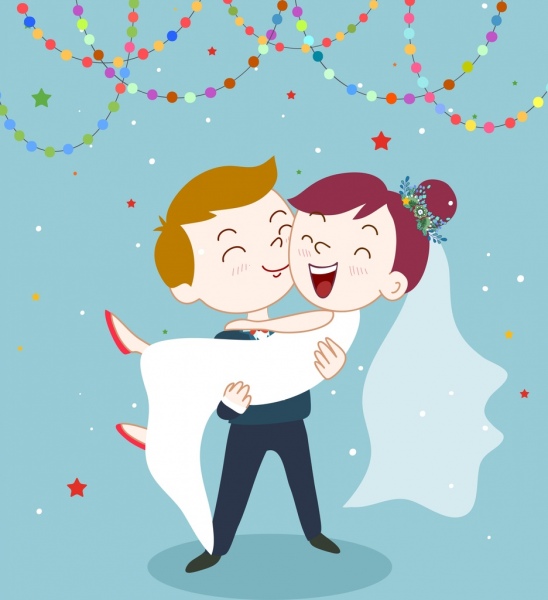 Happy marriage couple drawing colored cartoon design Free
