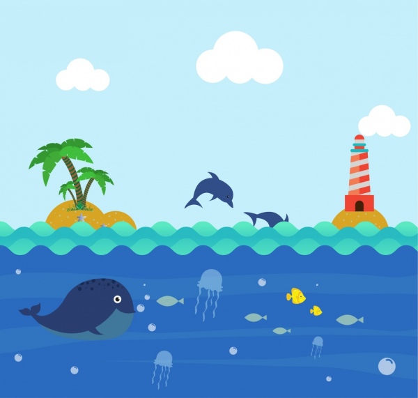 Ocean background colorful cartoon design playful dolphin icons Free