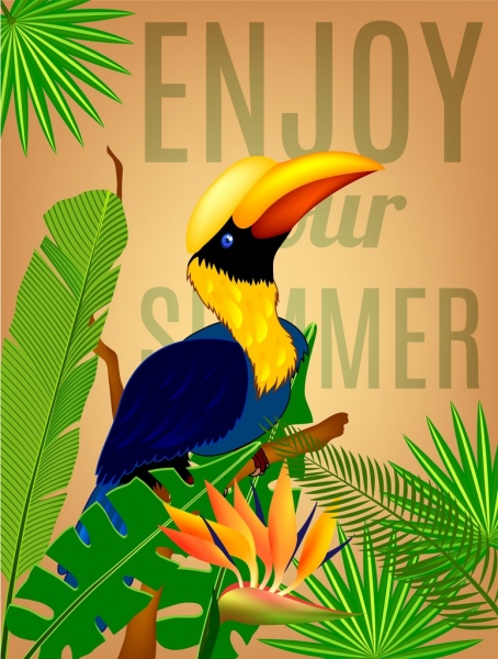 summer background colorful parrot icons tropical leaves 