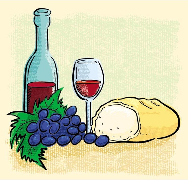 Vine in bottle with grapes and bread clip art vector Free vector in