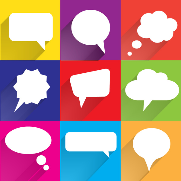 White speech bubbles with colorful backgrounds and shadows in flat