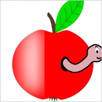 Apple Red with a Green Leaf with funny Worm
