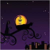 Black Silhouette of Cat at Night Vector Illustration