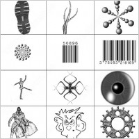 cubes, eyeball, tentacles, gear, shoe and tribal brush