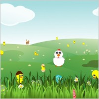 Easter Landscape with bunnies, chicks, eggs, chicken, flowers