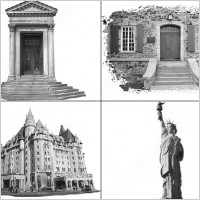 old buildings and statue of liberty brush