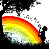 people trees flowers and rainbow silhouette vector