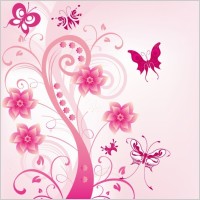 Pink Floral Swirl with Butterfies Vector Illustration