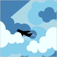 Plane silhouette flying through clouds