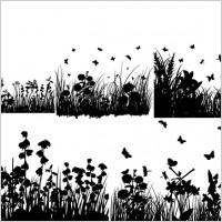 several grass and butterflies silhouette vector