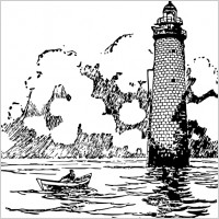 Small Boat Rowing Beside Lighthouse clip art