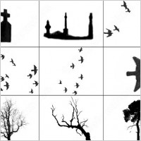 spooky mist, birds, gravestones, and trees brush