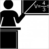 Teacher silhouette black and white with desk and blackboard