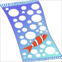 Towel blue with white bubbles and red fish with white strips