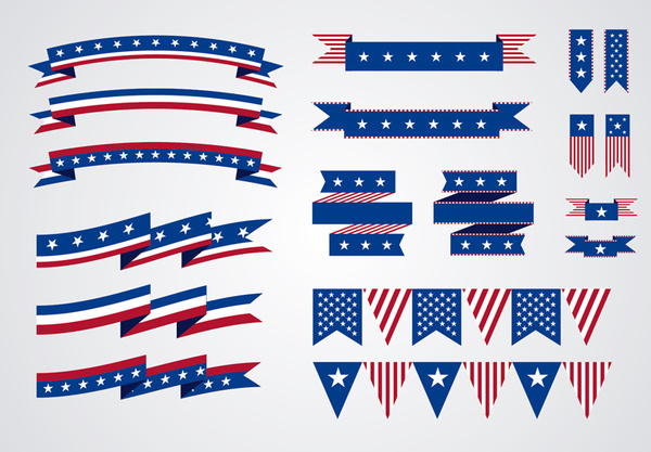 18 american elements and flags hanging ribbon vector