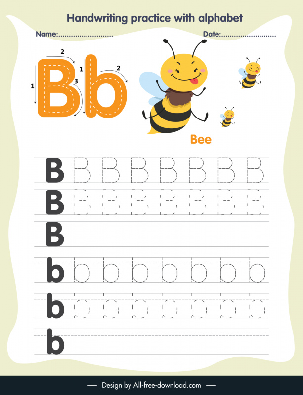 1s class education handwriting practice template alphabet letter tracing b cute bees animals sketch