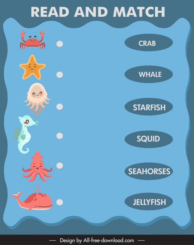 1st school read and match education template lovely cartoon marine animals outline 