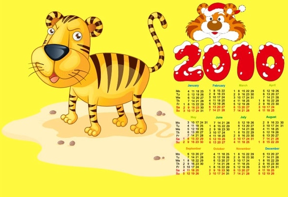 2010 calendar with cute tiger vector