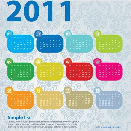 2011 calendar template colorful simple flat classical pattern