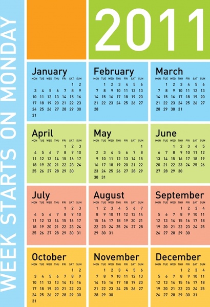 2011 calendar template bright colored modern plain sketch