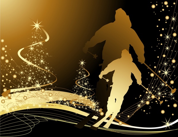 christmas background tree skier icons sparkling golden silhouette