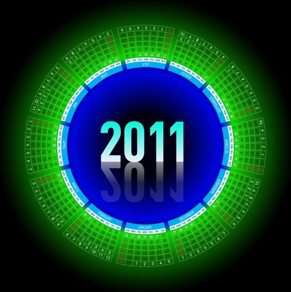 2011 calendar template sparkling reflection green circle layout