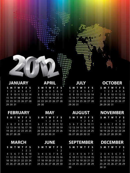 2012 calendar template modern dark 3d number map