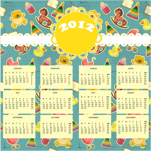 2012 calendar template cute retro baby toys elements