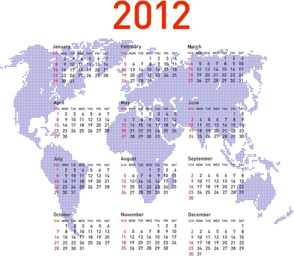 2012 calendar template bright flat world map sketch
