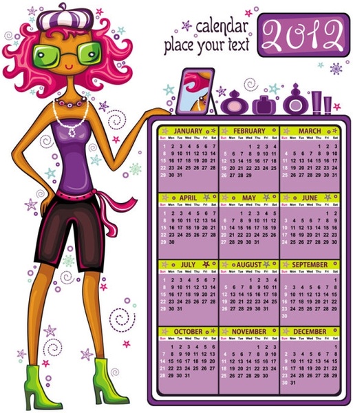 2012 cartoon girls calendar vector