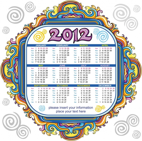 2012 calendar template colorful handdrawn symmetric frame