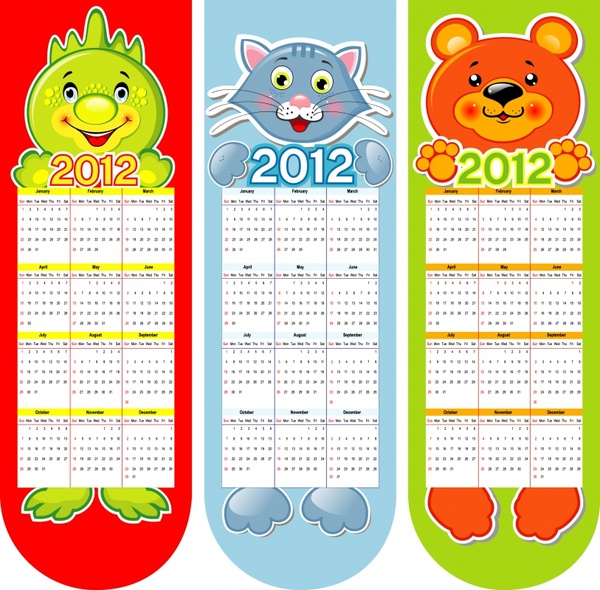 2012 calendar templates cute animals sketch colorful decor