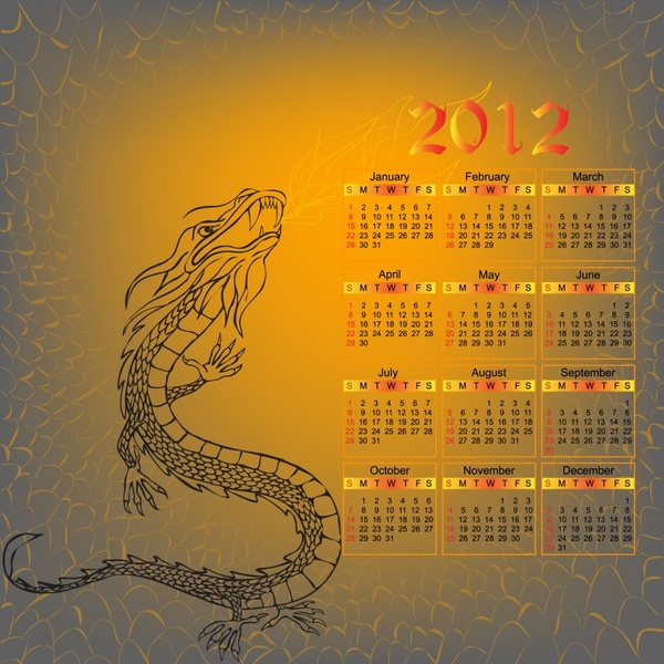 2012 calendar template oriental myth dragon sketch