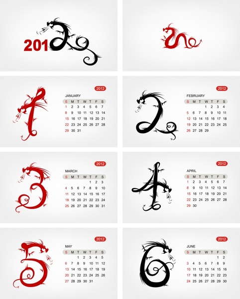 2012 calendar template classic oriental dragon figures sketch