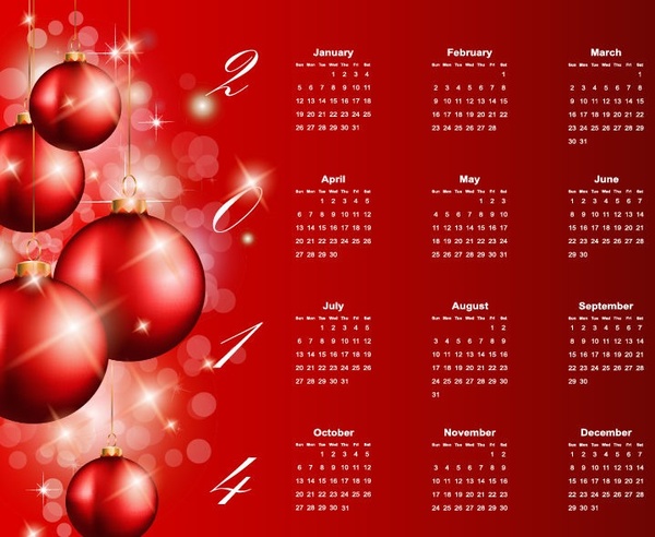 2014 calendar with ball ornament red background vector graphic