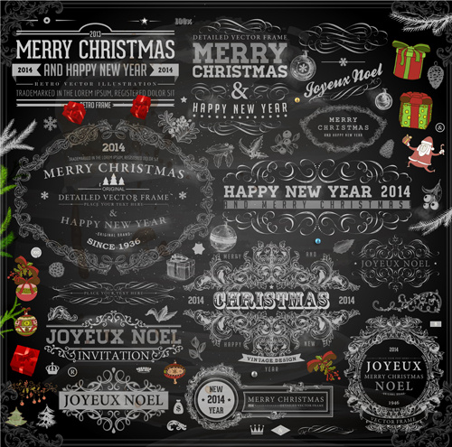 2014 christmas dark labels with ornaments vector set 