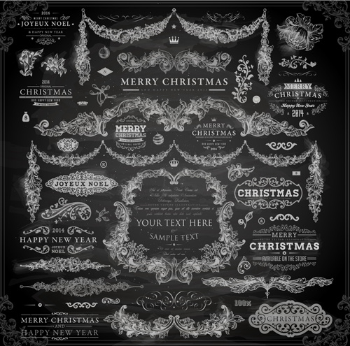 2014 christmas dark labels with ornaments vector set 