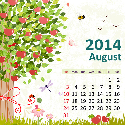 2014 floral calendar august vector